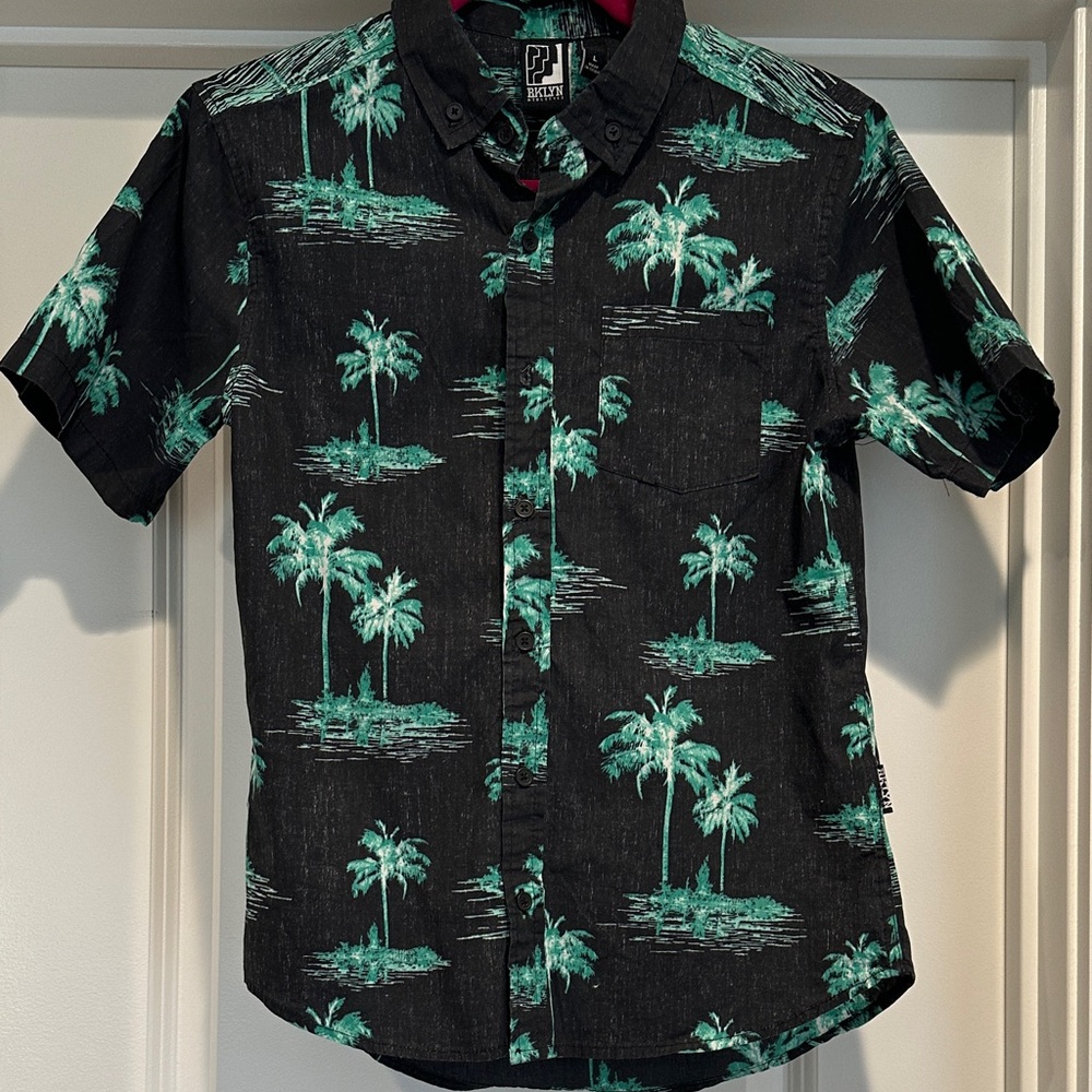 Stylish Black and Green Palm Print Kids Button Down Shirt